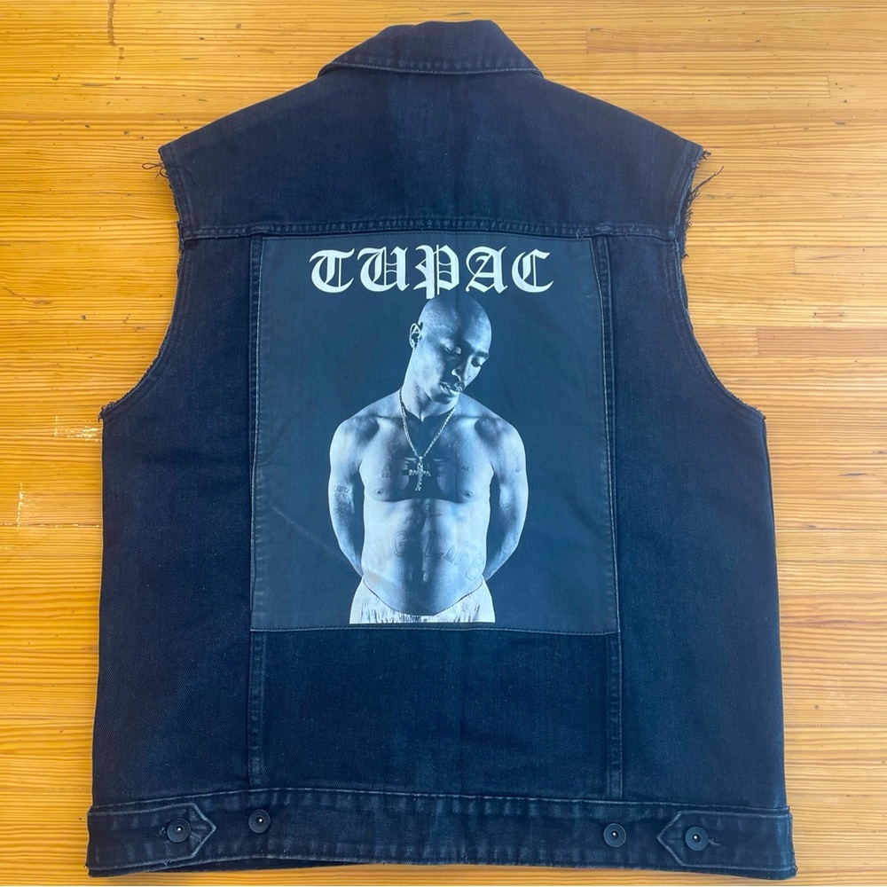 2PAC 91 Branded Tupac Jean Vest Men's Size L Baggy Thug Life Hip-Hop 90s VTG